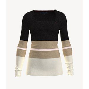 NWT Tommy Hilfiger Essential Stripe Square Neck Sweater In Black Size S